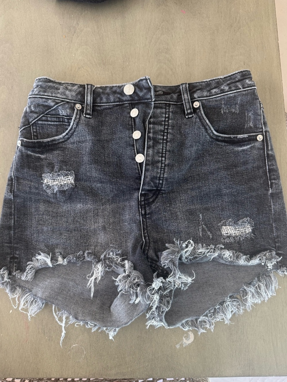 We The Free Black Distressed Button-Front Jean Shorts